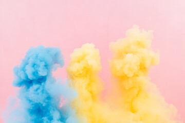 Poster - Bold blue and yellow smoke clouds contrast strikingly against a soft pink background, giving a vivid portrayal of energy and creative expression through color.