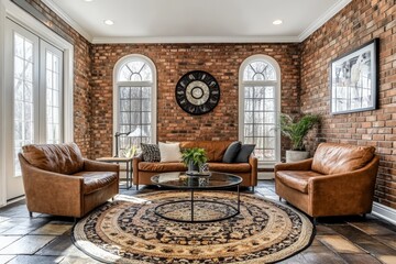 Charming living room featuring classic leather seating set against rustic brick walls and ornate decor pieces, emitting a warm and welcoming atmosphere overall.