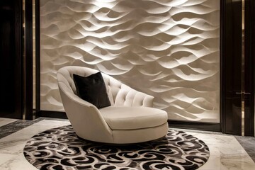 Leinwandbilder - A modern room showcasing a plush reclined chair set against a wave-textured wall, all resting on a stylish circular rug, embodying relaxation and luxury.