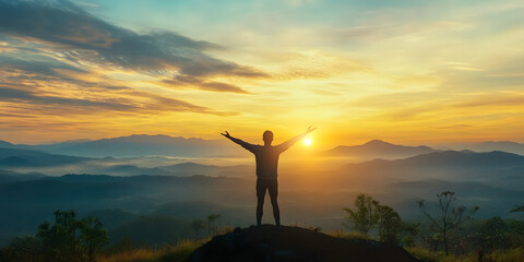 Wall Mural - Happy man rise hand on morning view. Christian inspire praise God on good friday background. Now one man self confidence on peak open arms enjoying nature the sun concept world wisdom fun hope.