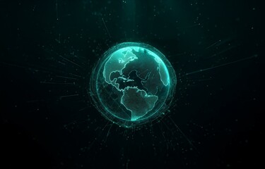 Wall Mural - a teal glowing orb depicting the earth with a wireframe structure surrounded by swirling particles a
