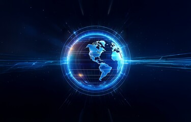 Wall Mural - a glowing blue globe with a grid pattern surrounded by bright streaks of light against a dark blue b
