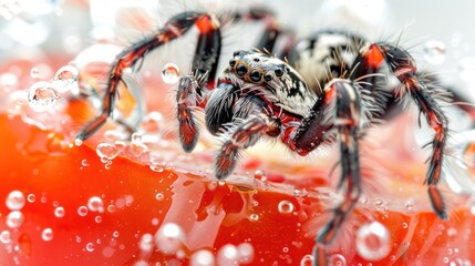 Wall Mural - Macro shot of a menacing spiderlike creature with hairy legs and fangs exploring a vibrant red and orange textured surface