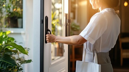 Wall Mural - A woman opens the door to a bright indoor space filled with greenery and natural light during the early morning hours