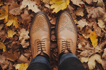 Stylish brown shoes on a bed of autumn leaves, showcasing seasonal fashion.