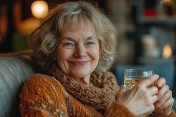 An elderly woman in a cozy sweater smiles warmly, holding a glass of water in a relaxed setting