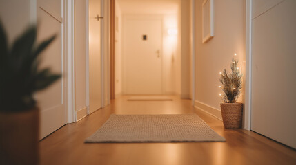 Wall Mural - A narrow hallway with wooden floors and cozy lighting, simple decor, and a warm rug