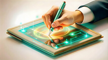 Macro shot of hands using a virtual stylus to sign a glowing contract on a holographic display, emphasizing trust and collaboration in modern business agreements