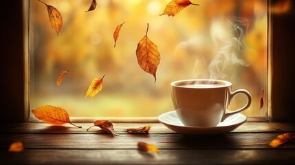 Sticker - peaceful morning view with coffee and falling leaves
