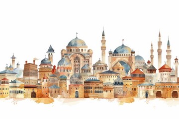 Wall Mural - Ottoman painting of building border architecture dome white background.