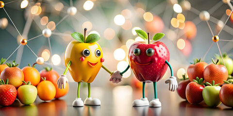 Fruit Financial Networking Event: Two Sociable Fruits Connect with Cartoon Characters at a Vibrant Financial Event, Focused on Networking and Collaboration with Soft Abstract Bokeh Background