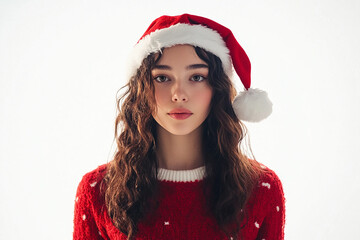 Beautiful girl in Christmas outfit on white background