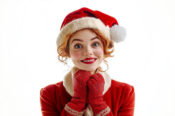 Beautiful girl in Christmas outfit on white background