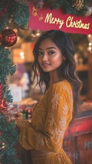 Wall Mural - Half body shot of an Indian woman with wavy hair, wearing a gold blouse, standing near a reception desk adorned with Christmas decorations and a 