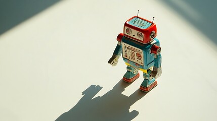 Colorful wind-up toy robot walking across a white surface, casting a soft shadow behind it