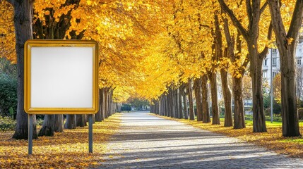 Sticker - autumn street with blank billboard surrounded by trees
