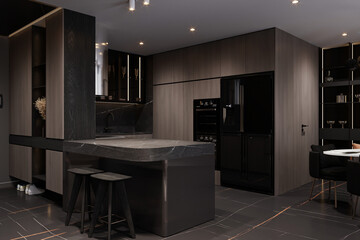 Kitchen counter with stools in an open area. modern apartment.