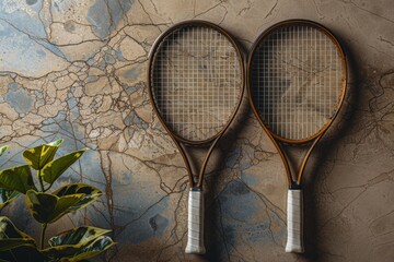 Two vintage wooden tennis rackets are placed against a marbled wall, accompanied by a leafy green plant, creating a nostalgic and classic sports-themed image.