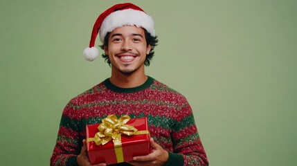 A cheerful man wearing a Santa hat smiles while holding a beautifully wrapped gift with a golden bow. The background is a solid green, creating a festive atmosphere perfect for holiday celebrations.