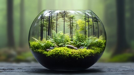 Canvas Print - A closed glass terrarium containing a tiny forest, complete with ferns, miniature trees, and mossy ground, soft daylight enhancing the vivid green tones,