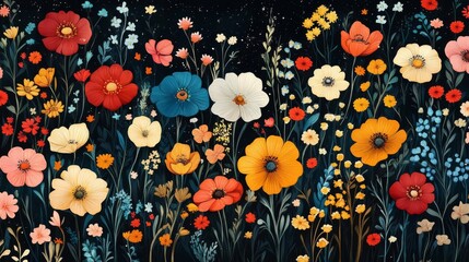 Wall Mural - Colorful Wildflower Field Illustration