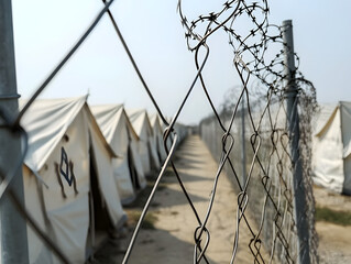 A fence with barbed wire on it separates a group of tents. The tents are all white and appear to be makeshift. Scene is one of confinement and isolation