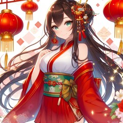 Wall Mural - chinese new year anime. asian woman.