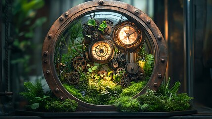 Poster - A detailed steampunk terrarium, with gears, cogs, and rusted clock parts surrounded by moss and tiny plants, the soft glow of light creating a mystical ambiance,