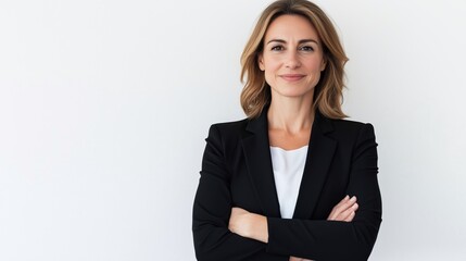 Happy middle aged business woman company owner entrepreneur, smiling mature professional executive manager, confident businesswoman leader standing arms crossed isolated on white background.