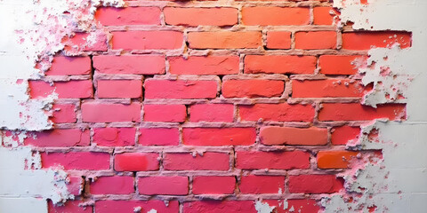 vibrant red brick wall with peeling paint reveals textured surface, showcasing contrast between rough bricks and faded white paint. This captures sense of urban decay and artistic expression