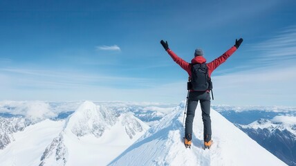 A climber stands triumphantly with raised arms on a snowy mountain peak, surrounded by breathtaking alpine views and blue skies, celebrating a successful ascent.