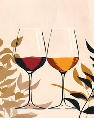 Two elegant wine glasses, one filled with red wine and the other with white, surrounded by decorative foliage.