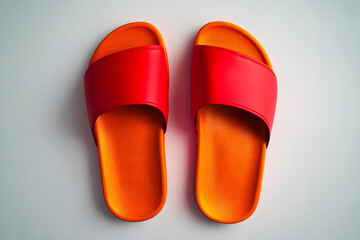 Pair of bright red slides on a white background, showcasing simple design and modern footwear style.