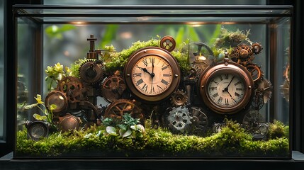 Canvas Print - A glass terrarium with a steampunk theme, featuring rusted gears, vintage clock parts, and lush green moss, the brass and copper tones blending with the natural elements,