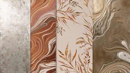 Wall Mural - Four abstract patterns in earthy tones and gold accents.