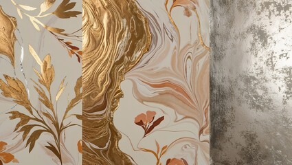 Wall Mural - Abstract wall paper in gold, silver, and peach.