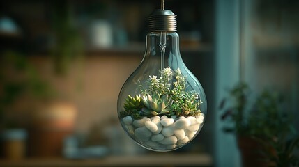 Poster - A hanging lightbulb-shaped terrarium with tiny succulents and smooth white rocks inside, natural light casting soft shadows, creating a tranquil and modern decorative piece,