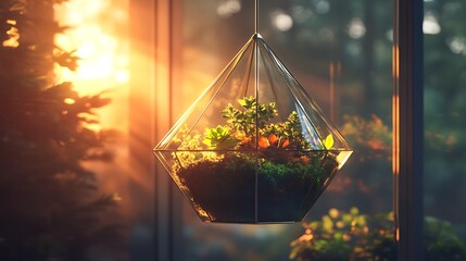 Poster - A hanging modern glass terrarium, showcasing geometric layers of moss and succulents, sunlight streaming through the glass, casting beautiful shadows, creating a serene and modern decorative element,