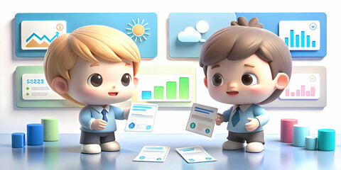 Kids Financial Networking Event: Two Sociable Kids Connect with Cartoon Characters at a Fun Financial Event with Soft Abstract Bokeh Background Showcasing Collaboration and Networking Skills