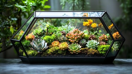 Poster - A large modern glass terrarium, succulents and moss meticulously arranged in a geometric pattern, natural light streaming in from behind, creating beautiful reflections and soft shadows,