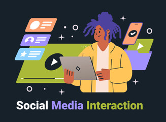 Wall Mural - social media interaction concept person using laptop digital communication colorful chat icons dark 