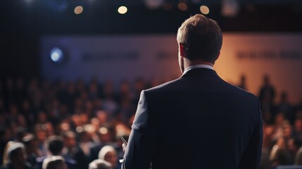 successful businessman standing confidently in front of a large audience at a corporate event,