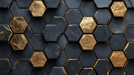 Wall Mural - Luxurious Gold and Black Hexagonal Tiles