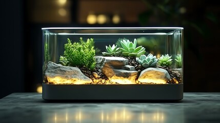 Wall Mural - A minimalist DIY terrarium kit with step-by-step instructions, showing succulents and decorative stones neatly arranged in a sleek glass container,