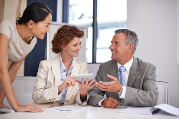 Poster - Teamwork, discussion and tablet with business people in office for meeting, partnership and project management. Proposal, brainstorming and corporate with employee in agency for coaching and idea