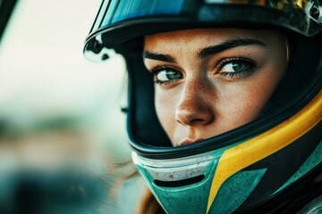 Focused female race car driver in helmet, close-up of determined woman racer preparing for championship, professional motorsport athlete ready for competition