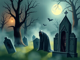 Poster - A graveyard with a creepy figure standing in front of a cemetery. The graveyard is surrounded by trees and there are several crosses scattered throughout the area. The atmosphere is eerie and spooky