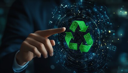 Business professional pointing at an animated green recycle symbol on a digital interface, illustrating a commitment to ecology, sustainability, and environmental conservation