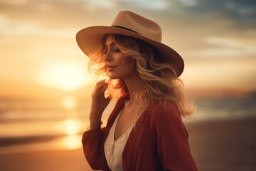 Sticker - Portrait of a happy woman in her 30s donning a classic fedora while standing against stunning sunset beach background