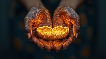 A pair of hands adorned with henna holds a glowing lamp, symbolizing light and celebration, set against a dark background.